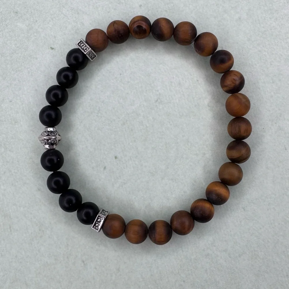 HAND CRAFTED Matte Onyx & Tiger Eye Beaded Stretch Bracelet 6.0” Circumference